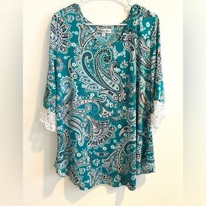 Stem & Vine Women’s Teal Blue Boho Tunic Blouse Lace Sleeve Plus Size 1XL